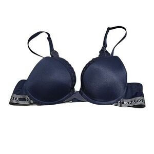 Tommy Hilfiger Plunge Bra Women 34B Navy Blue Lace Trim Adjustable Straps